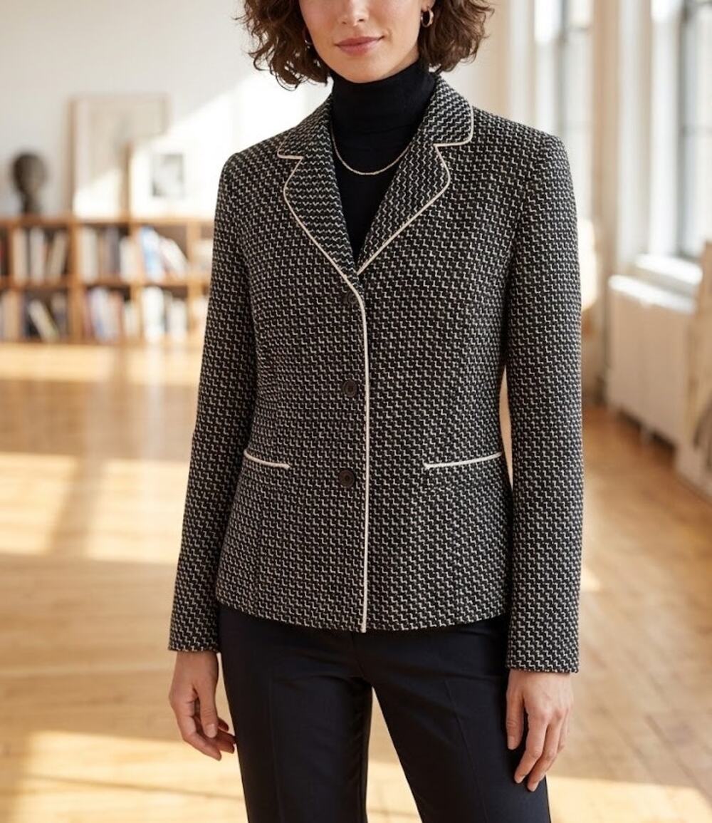 Talbots Black and White Chevron Geometric Print Blazer Sz 4 Office Professional